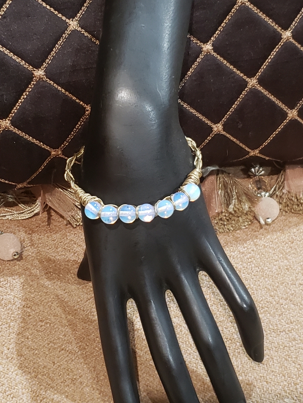 Handcrafted Opalite Beaded Wire-Wrapped Bracelet - White/Blue